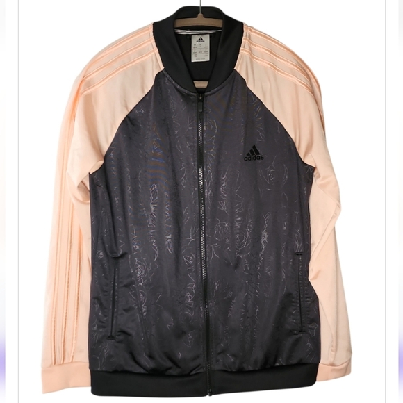 Adidas Originals Pink & Black Floral Embossed Zip Track Jacket Women Size Large - Picture 1 of 7